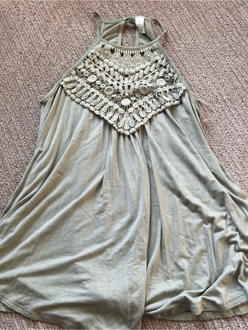 Crochet Yoke Halter Tank Top - Sage Green